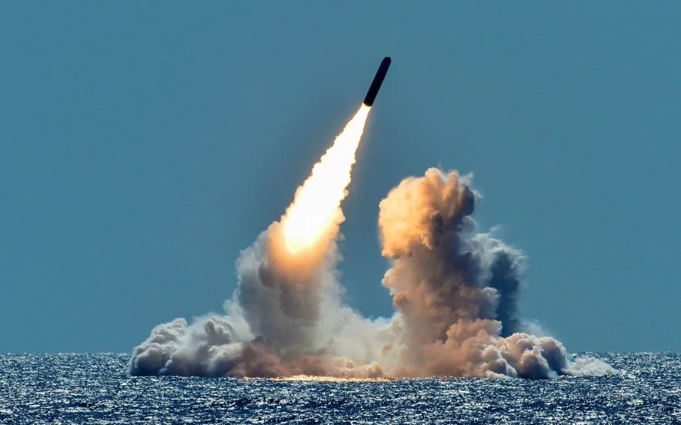 An unarmed Trident II D5 missile is test-launched from the Ohio-class U.S. Navy ballistic missile submarine USS Nebraska off the coast of California,