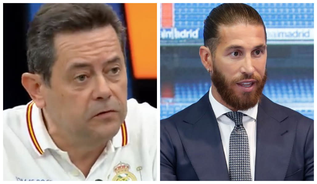 Tomás Roncero saca el dolor guardado desde la marcha de Sergio Ramos. (Fuentes: Twitter/@elchiringuitotv y Helios de la Rubia/Real Madrid vía Getty Images)