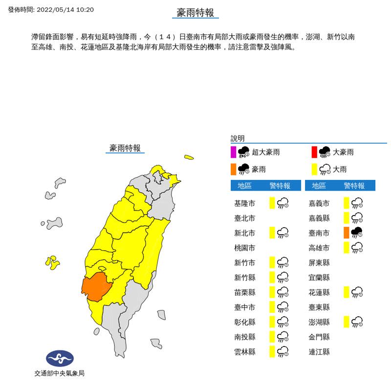 台南市升級豪雨特報。（圖／氣象局）