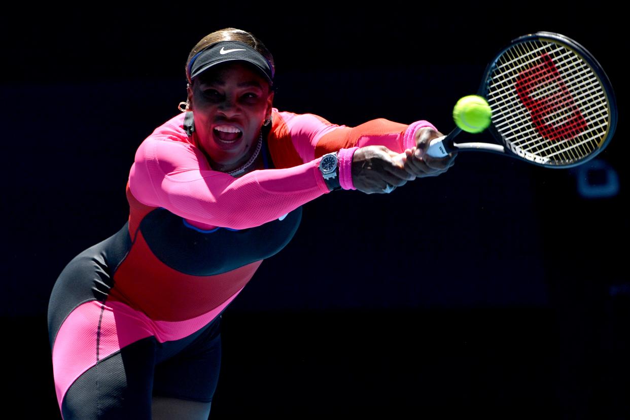 Serena Williams of the US hits a return against Serbia's Nina Stojanovic during their women's singles match on day three of the Australian Open tennis tournament in Melbourne on February 10, 2021. (Photo by Paul CROCK / AFP) / -- IMAGE RESTRICTED TO EDITORIAL USE - STRICTLY NO COMMERCIAL USE -- (Photo by PAUL CROCK/AFP via Getty Images)