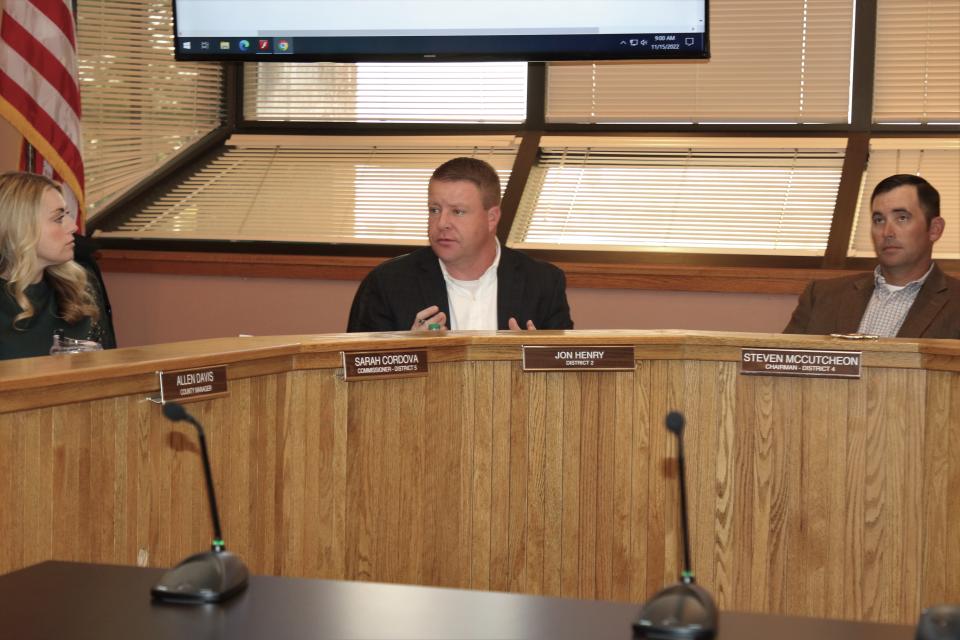 District 2 Eddy Commissioner Jon Henry expresses his support for Eddy County's election process during the Nov. 15, 2022 Eddy County Board of County Commissioners meeting. Fellow commissioners Sarah Cordova and Steve McCutcheon listen in.