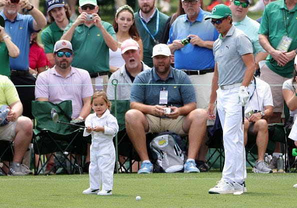 AUGUSTA, GEORGIA - APRIL 10: Rickie Fowler of the United States daughter hits the ball off the second tee during the Par Three Contest prior to the 2024 Masters Tournament at Augusta National Golf Club on April 10, 2024 in Augusta, Georgia. (Photo by Jamie Squire/Getty Images) (Photo by Jamie Squire/Getty Images)