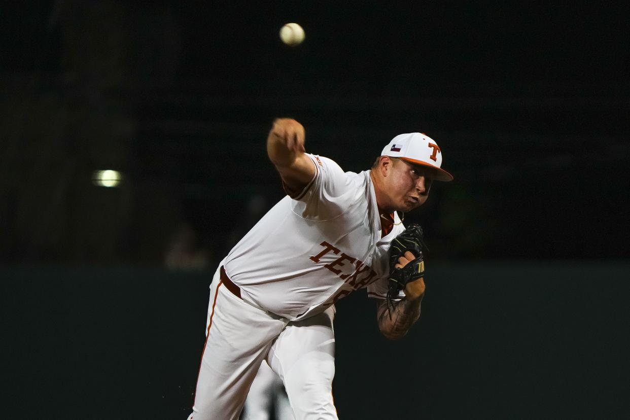 Texas Longhorns pitcher Gage Boehm (56) throws a pitch during the game against Oklahoma State at UFCU Disch–Falk Field on Friday, May. 3, 2024 in Austin.