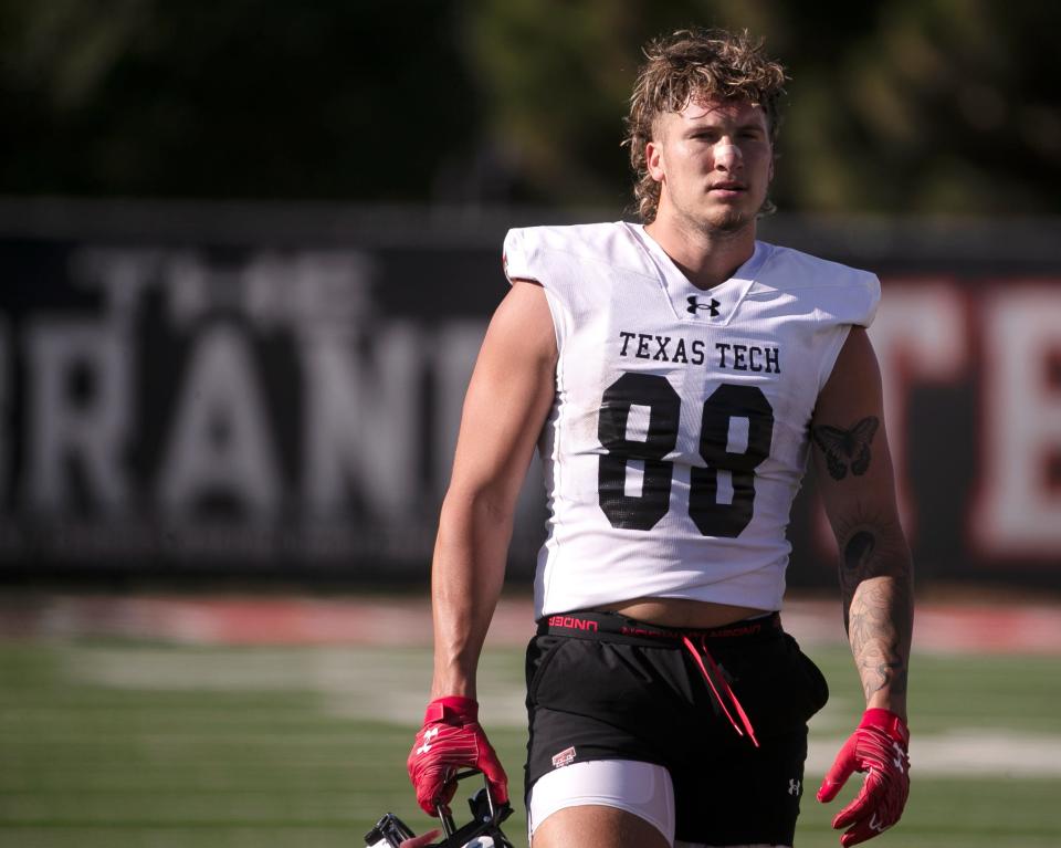 Texas Tech's Baylor Cupp works out during football practice, Saturday, Aug. 5, 2023, at the Sports Performance Center.