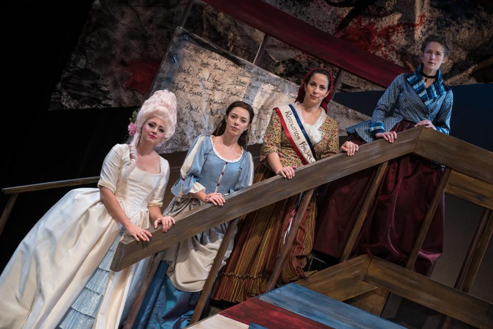 Bree Beelow, left, Eva Nimmer, Leah Dutchin and Cassandra Bissell portray women during the Reign of Terror in "The Revolutionists," performed by Next Act Theatre through Oct. 20.