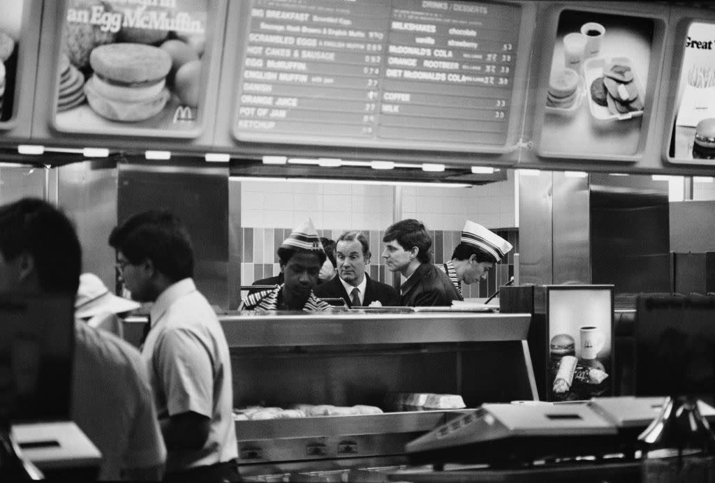 The food preparation area of a branch of McDonalds in 1986