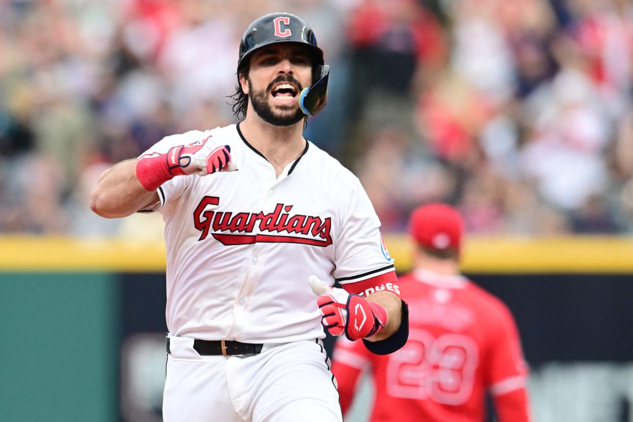 Guardians catcher Austin Hedges celebrates as he rounds the bases after hitting a second-inning home run against the Angels, May 4, 2024, in Cleveland.