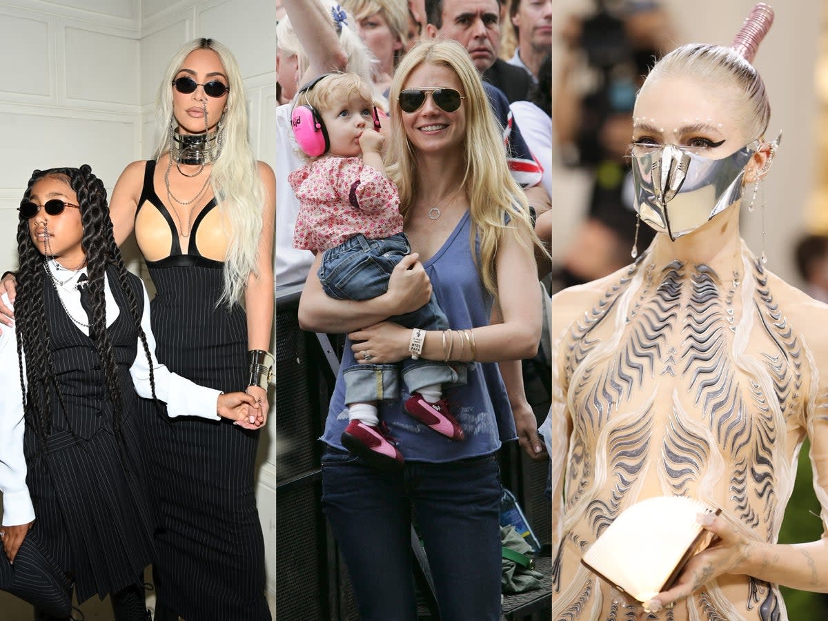 From left to right: Kim Kardashian with daughter North West; Gwyneth Paltrow with daughter Apple; and Grimes (Getty)