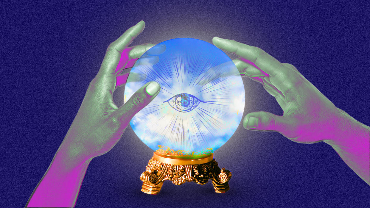 Colorful illustration of a crystal ball with two hands hovering around it