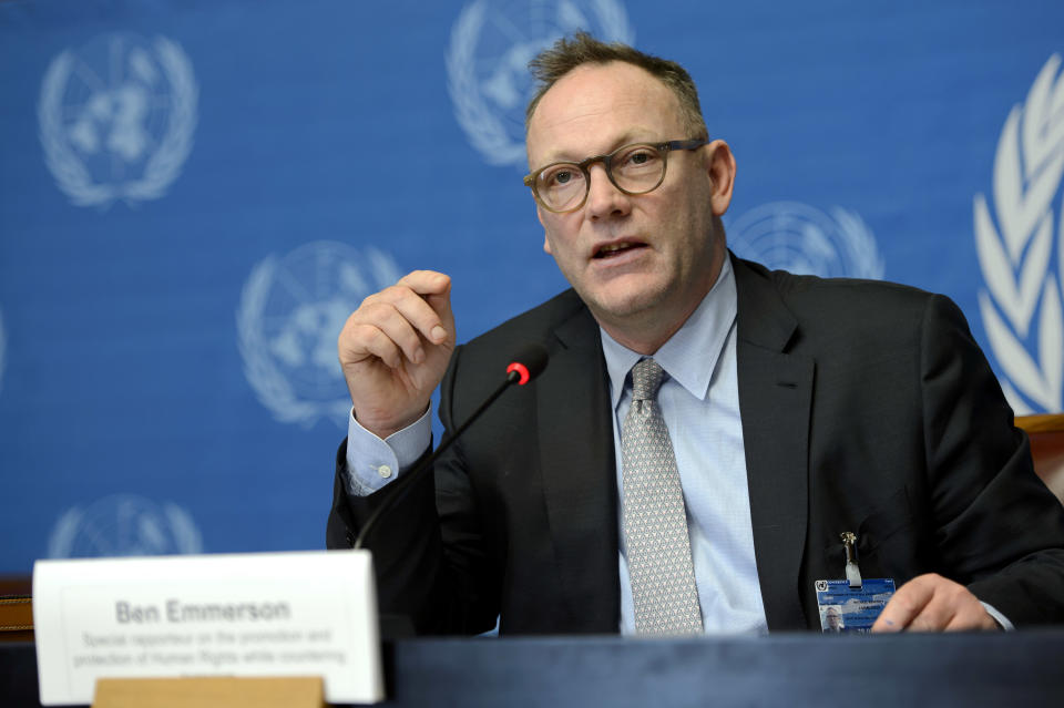 Ben Emmerson, UN Special Rapporteur on Counter Terrorism and Human Rights speaks during a press conference about his annual report to the Human Rights Council on the use of remotely piloted aircraft, or drones, in extraterritorial lethal counter-terrorism operations, at the European headquarters of the United Nations, in Geneva, Switzerland, Wednesday, March 12, 2014.. The expert will also refer to his reports on his 2013 missions to Burkina Faso and Chile. (AP Photo/Keystone,Martial Trezzini)