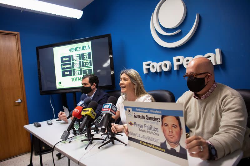 Kerling Rodriguez de Sanchez, wife of Venezuelan Air Force Lieutenant Colonel Ruperto Sanchez, who has been detained since 2014, addresses the media during a news conference by rights group Penal Forum, in Caracas