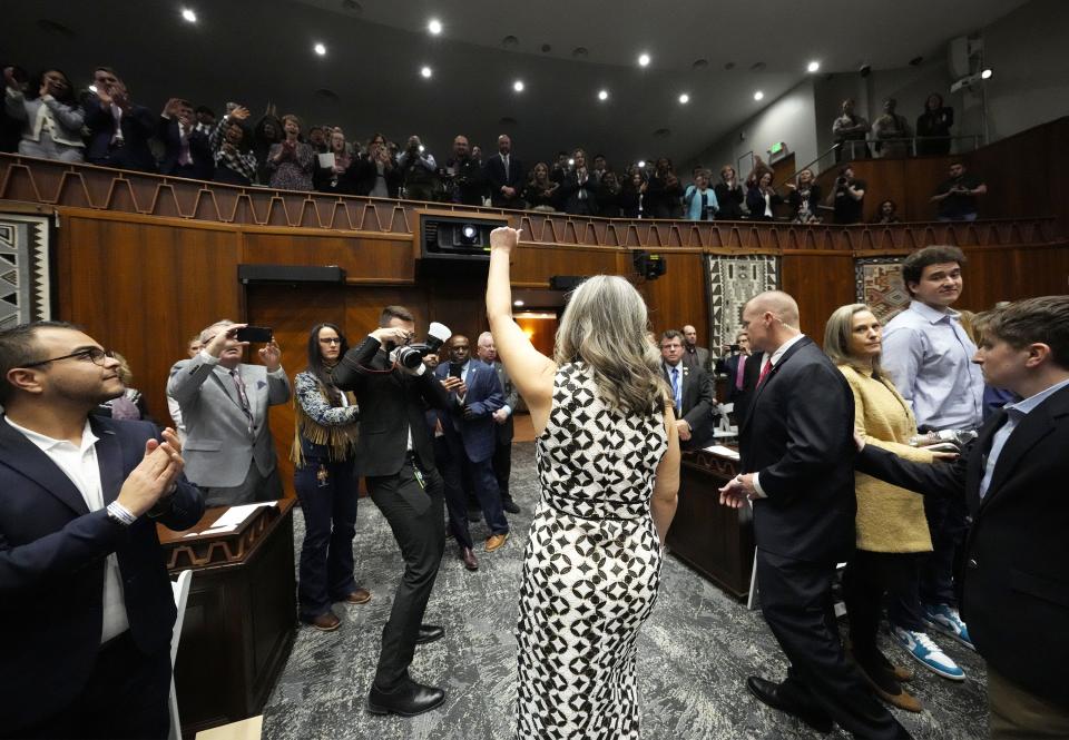 Arizona Gov. Katie Hobbs reacts to applauds from the gallery after giving her State of the State speech to start the 2024 legislative session in Phoenix on Jan. 8, 2024.