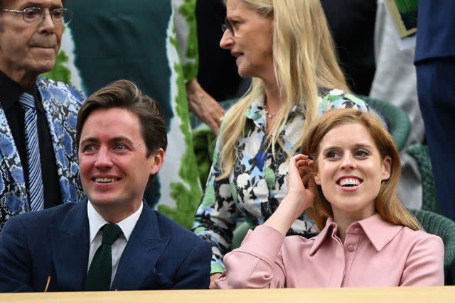 <p>Karwai Tang/WireImage</p> Princess Beatrice and Edoardo Mapelli Mozzi attend day twelve of Wimbledon at the All England Lawn Tennis and Croquet Club on July 14, 2023.