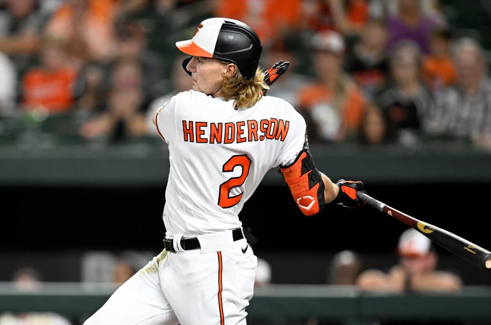 Gunnar Henderson of the Baltimore Orioles drives in a run with a single in the third inning against the Detroit Tigers at Oriole Park at Camden Yards in Baltimore on Wednesday, Sept. 21, 2022.