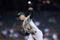 Oakland Athletics starting pitcher Jesus Luzardo throws against the Arizona Diamondbacks during the first inning of a baseball game Tuesday, April 13, 2021, in Phoenix. (AP Photo/Ross D. Franklin)