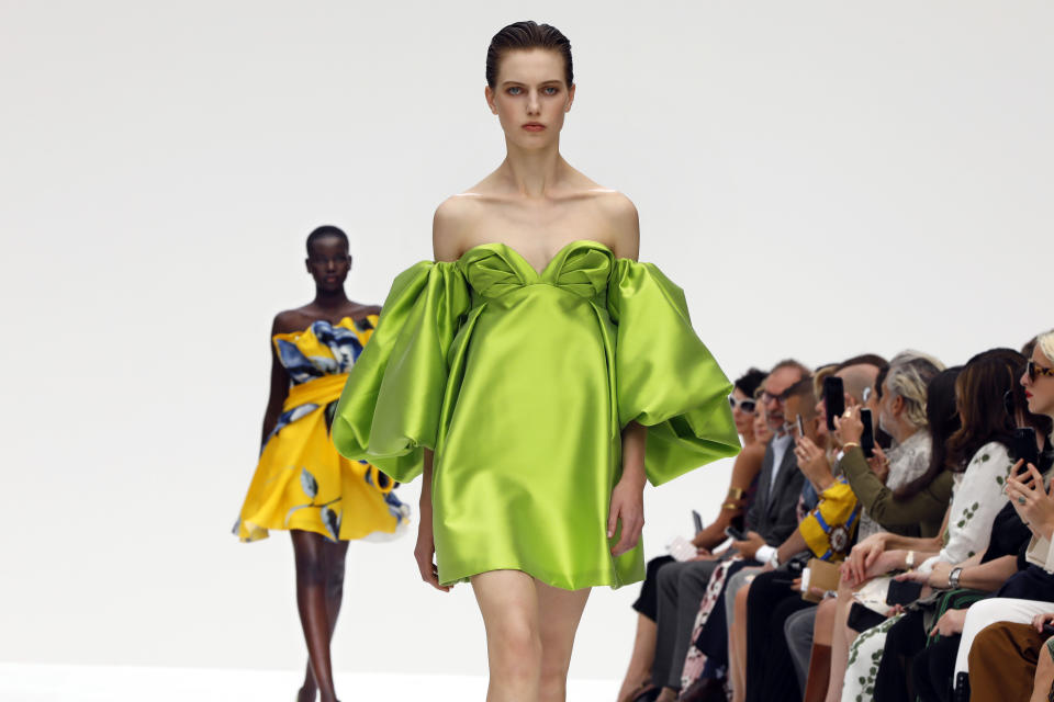 The Carolina Herrera collection is modeled during Fashion Week, in New York, Monday, Sept. 9, 2019. (AP Photo/Richard Drew)