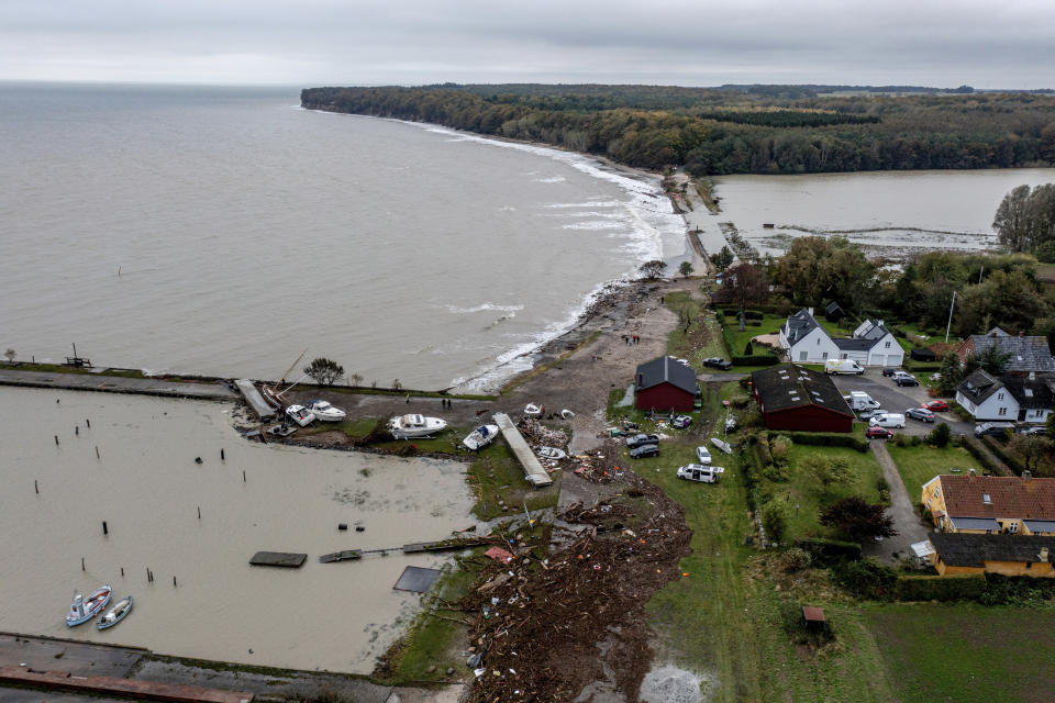 Storm damage on Falster in eastern Denmark, Saturday Oct. 21, 2023. A storm continued to batter Britain, northern Germany and southern Scandinavia early Saturday with powerful winds, heavy rain and storm surges that caused floods, power outages, evacuations, traffic disruptions. (Ingrid Riis/Ritzau Scanpix via AP)