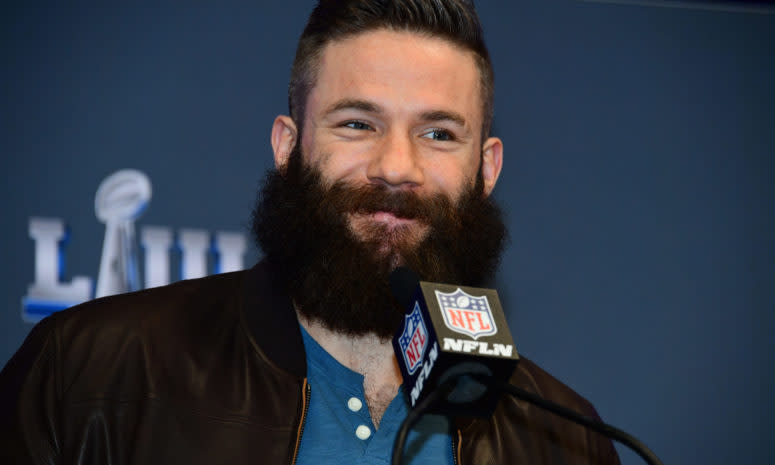 Julian Edelman speaking to the media.