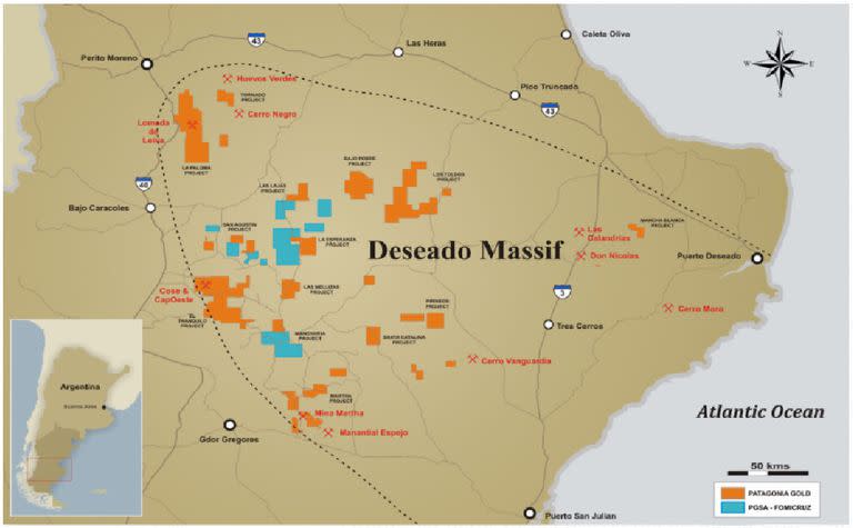 Mapa del Macizo Deseado, Santa Cruz, Argentina.