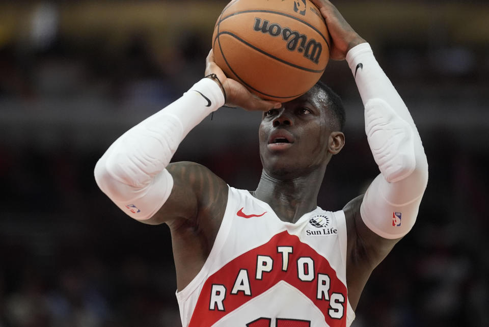 Toronto Raptors guard Dennis Schroder takes a free throw during the second half of an NBA basketball game against the Chicago Bulls, Tuesday, Jan. 30, 2024, in Chicago. Toronto won 118-107. (AP Photo/Erin Hooley)