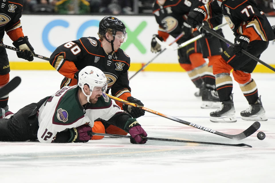 Arizona Coyotes left wing Zach Sanford, left, and Anaheim Ducks defenseman Jackson LaCombe battle for the puck during the third period of an NHL hockey game Friday, Dec. 29, 2023, in Anaheim, Calif. (AP Photo/Mark J. Terrill)