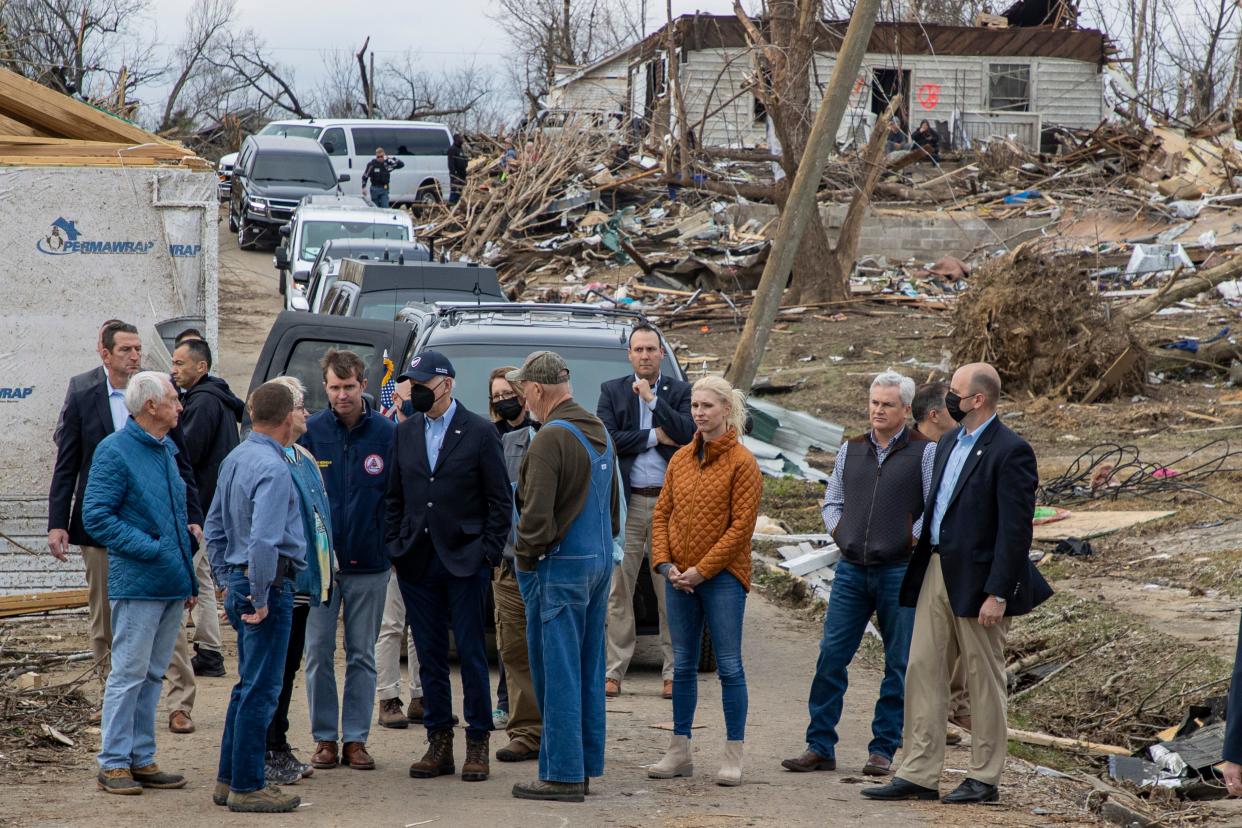 Kentucky Gov. Andy Beshear and President Joe Biden talked with residents after a devastating tornado in Dawson Springs, Ky. in 2021.