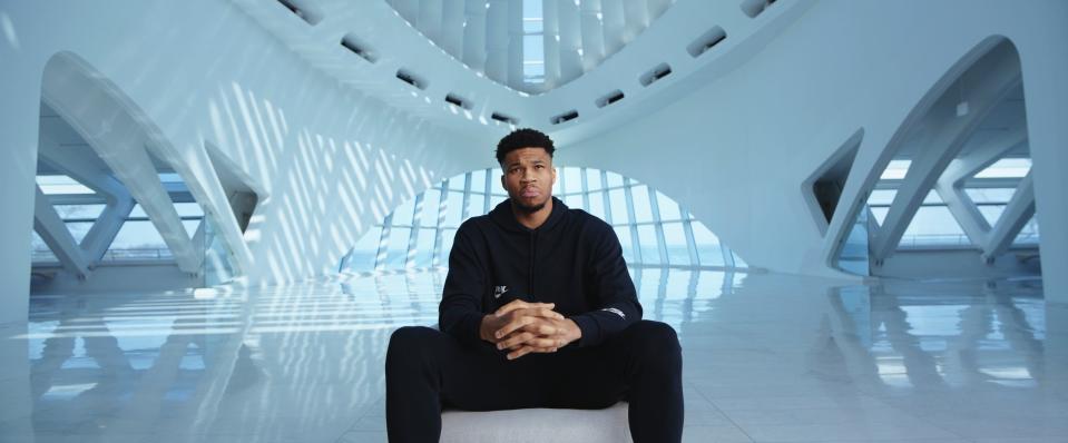 Giannis Antetokounmpo interviewed in the Milwaukee Art Museum for the documentary "Giannis: The Marvelous Journey"