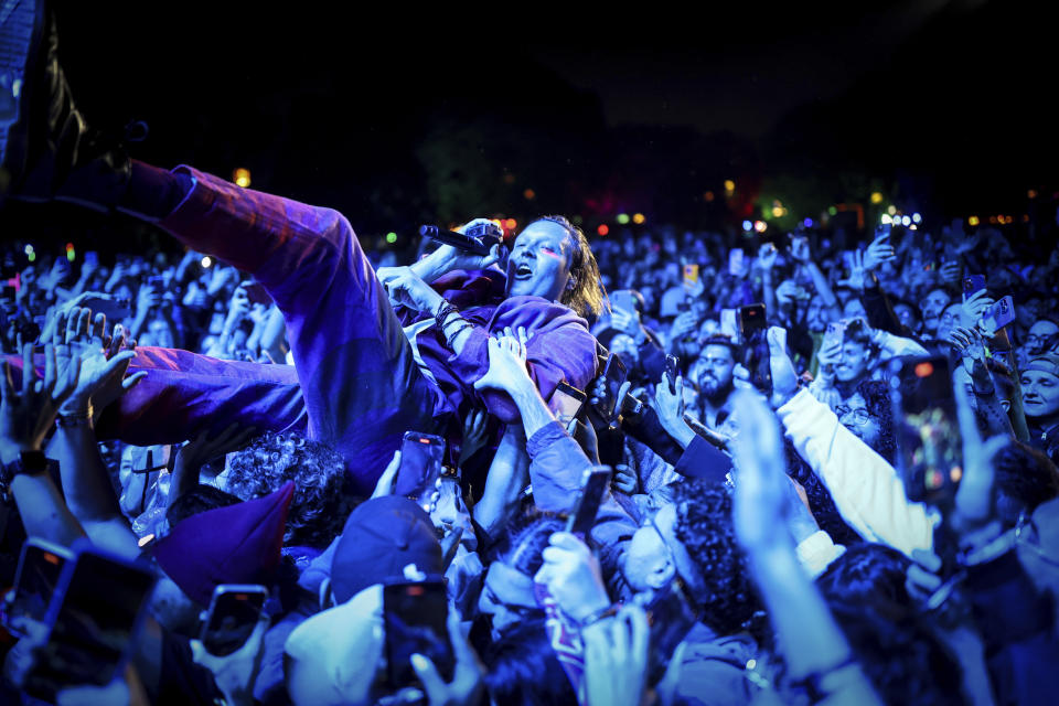 Win Butler, of the Canadian band Arcade Fire, performs during the Estereo Picnic music festival in Bogota, Colombia, Sunday, March 24, 2024. (AP Photo/Ivan Valencia)