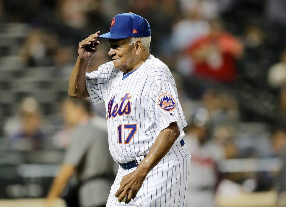 NEW YORK, NY - SEPTEMBER 26: Ozzie Virgil Sr., the first Dominican-born player in the MLB, throws out a ceremonial first pitch before the game between the New York Mets and the Atlanta Braves on September 26, 2018 at Citi Field in the Flushing neighborhood of the Queens borough of New York City. (Photo by Elsa/Getty Images)