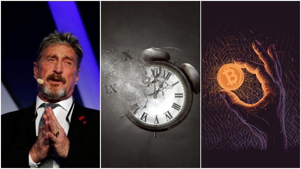 John McAfee says you're stupid if you don't believe the bitcoin price hits $1 million in 2020. His proof: a crypto time traveler who has 'never been wrong.' | Source: REUTERS/Darrin Zammit Lupi (i), Shutterstock (ii, iii). Image Edited by CCN.