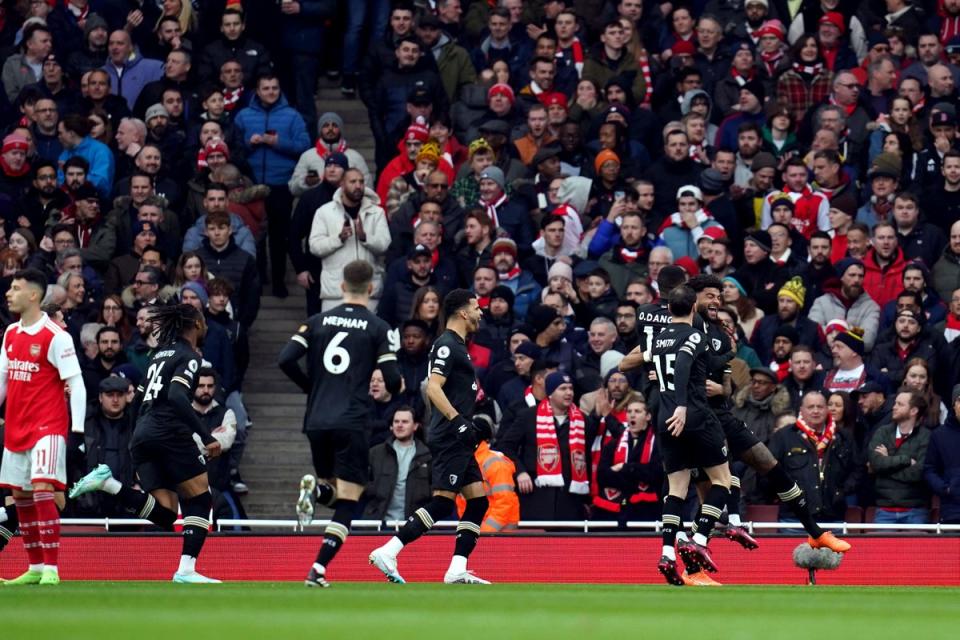 Philip Billing, right, and Bournemouth celebrate after taking the lead barely nine seconds into their game at Arsenal (John Walton/PA) (PA Wire)