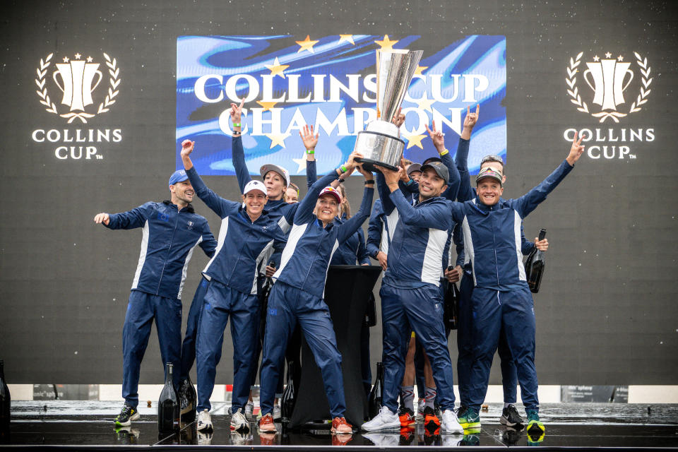 Team Europe celebrate a comfortable defence of their Collins Cup trophy at the X-Bionic Sphere in Samorin, Slovakia