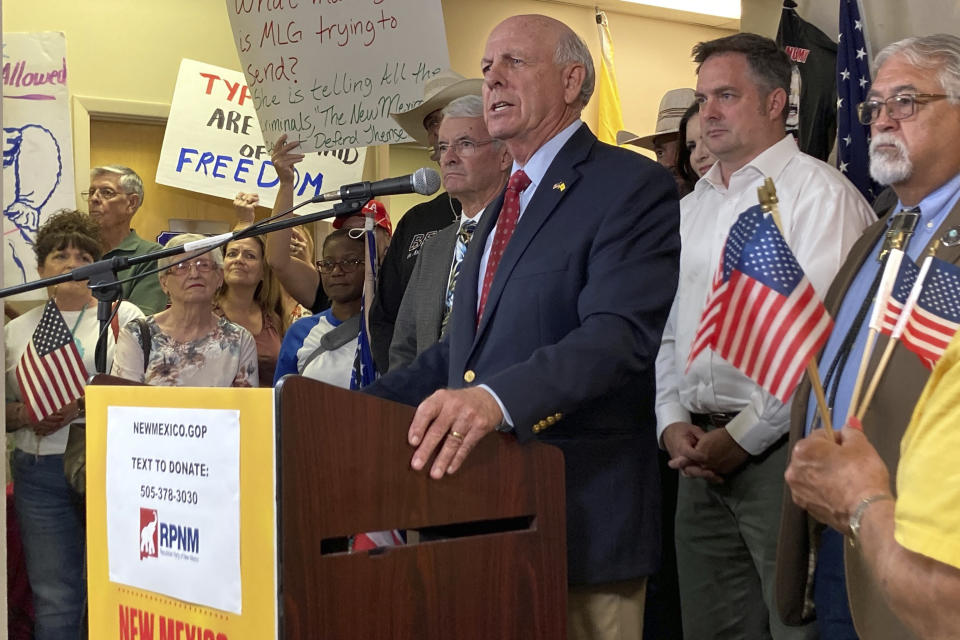 Republican Party of New Mexico Chairman Steve Pearce speaks, Tuesday, Sept. 12, 2023 in Albuquerque, N.M.. Pearce was discussing the GOP's lawsuit against New Mexico Gov. Michelle Lujan Grisham's executive order suspending the open and concealed carry of guns in most public places. (AP Photo/Susan Montoya Bryan)