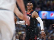 Houston Rockets guard Russell Westbrook looks to pass the ball against the Denver Nuggets in the first half of an NBA basketball game Sunday, Jan. 26, 2020, in Denver. (AP Photo/David Zalubowski)