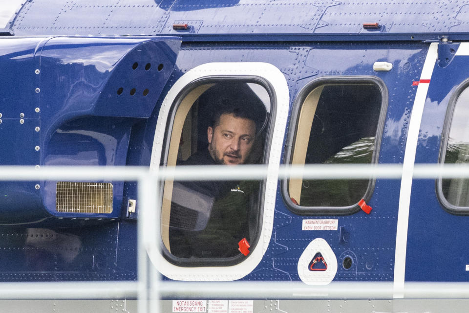 Ukrainian President Volodymyr Zelenskyy, sits in a Federal Police helicopter after talks with Chancellor Olaf Scholz in Berlin, Germany, Sunday, May 14, 2023. Zelenskyy arrived in Berlin early Sunday for talks with German leaders about further arms deliveries to help his country fend off the Russian invasion and rebuild what’s been destroyed by more than a year of devastating conflict. (Christophe Gateau/dpa via AP)