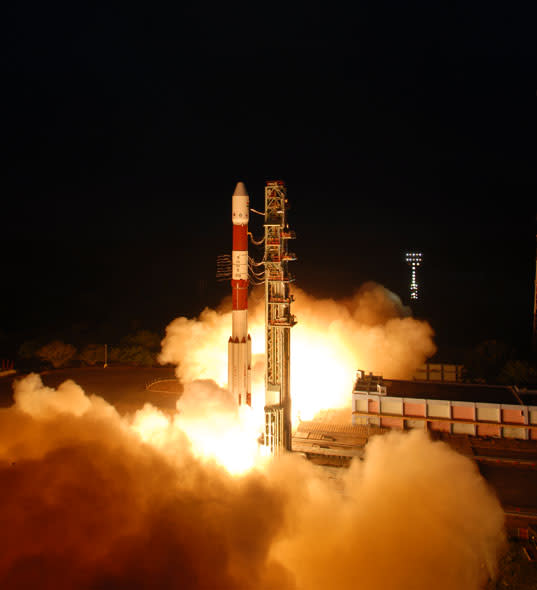 RISAT-1 blasts off on six motors, each holding 12 tons of solid propellant.At 1858 kg, it’s the heaviest satellite India has ever launched.