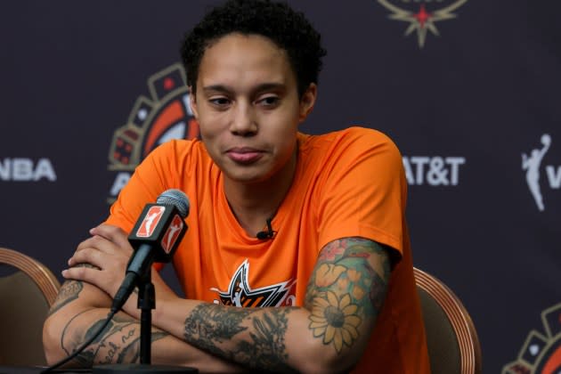 Brittney Griner #42 of Team Stewart listens during a WNBA All-Star Game media availability on July 14, 2023 in Las Vegas, Nevada - Credit: Ethan Miller/Getty Images