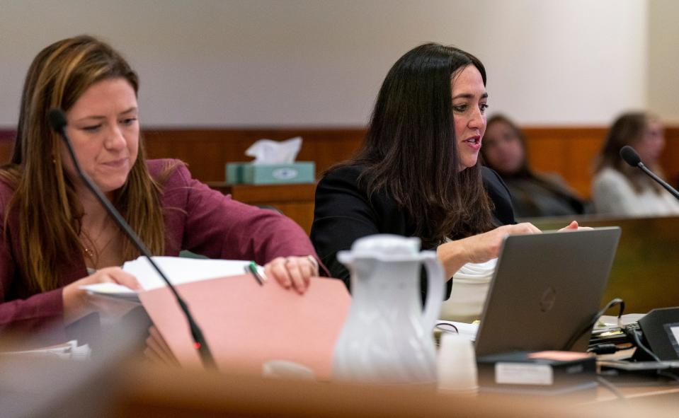 Chief Deputy District Attorney - Chief of Adult Special Victims, Kristin M. McElroy, left, with Bucks County District Attorney Jen Schorn, right, at the trial of Robert Atkins at the Bucks County Justice Center in Doylestown on Monday, Jan. 29, 2024.

Daniella Heminghaus | Bucks County Courier Times