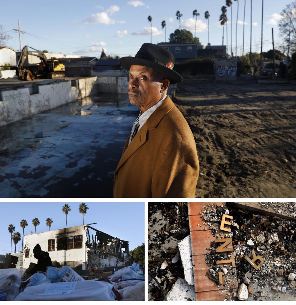 A triptych of, top, Edward Jenkins; left, burnt remains of a building; and right, burnt remains of an "Enter" sign