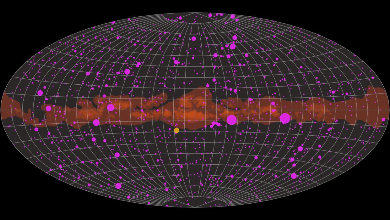  Still image from a NASA animation showing the sky lit up by gamma-ray flashes, which are represented by pink spots that shrink as the emission dims. The animation was created using a year of data from the Large Area Telescope (LAT) aboard NASA's Fermi Gamma-ray Space Telescope. 