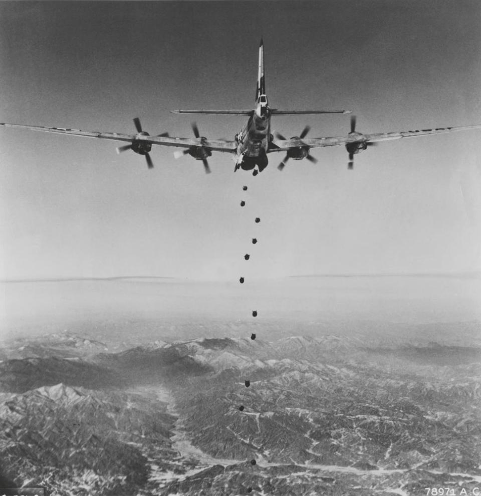 An American bomber flies over North Korea during the Korean War