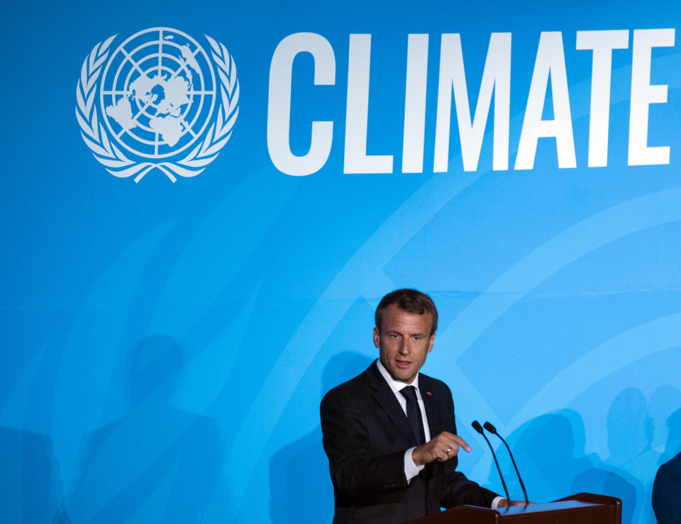 French President Emmanuel Macron addresses the Climate Action Summit in the United Nations General Assembly at U.N. headquarters, Monday, Sept. 23, 2019. (AP Photo/Craig Ruttle)