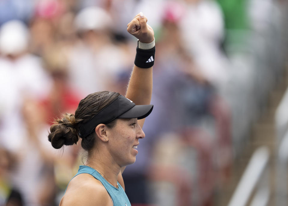 Jessica Pegula of the United States, celebrates her win over Iga Swiatek of Poland, during the semifinals of the National Bank Open women’s tennis tournament Saturday, Aug. 12, 2023, in Montreal. (Christinne Muschi/The Canadian Press via AP)