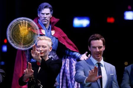 British actors Tilda Swinton and Benedict Cumberbatch pose during a promotion of film "Doctor Strange" in Hong Kong, China October 13, 2016. REUTERS/Bobby Yip