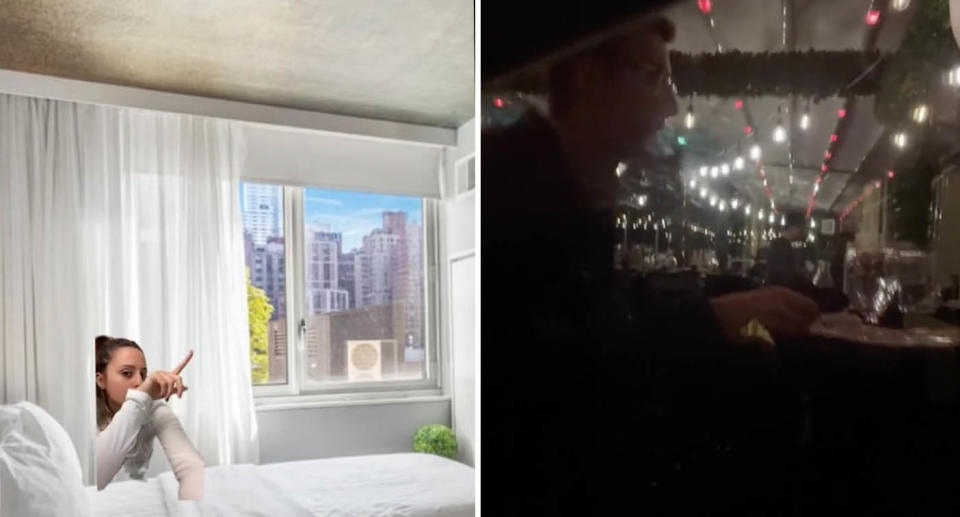 The view advertised on Airbnb with the NY skyline in the background pictured left and the TikTok user's actual view showing the inside of a restaurant on the right. 