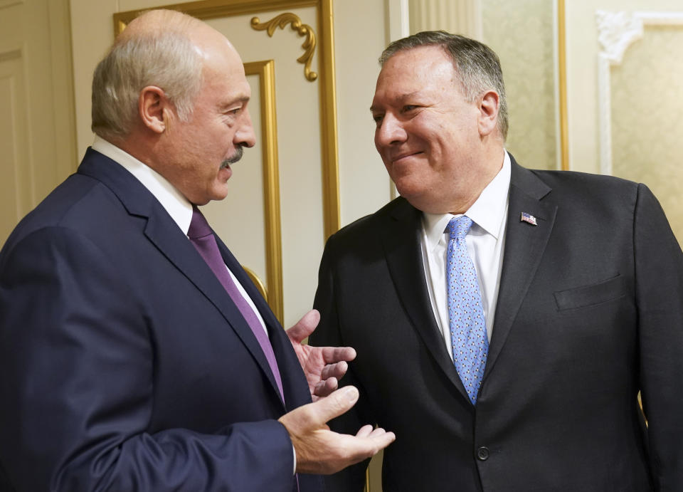 U.S. Secretary of State Mike Pompeo meets with Belarusian President Alexander Lukashenko in Minsk, Belarus, Saturday, Feb. 1, 2020. (Kevin Lamarque/Pool Photo via AP)