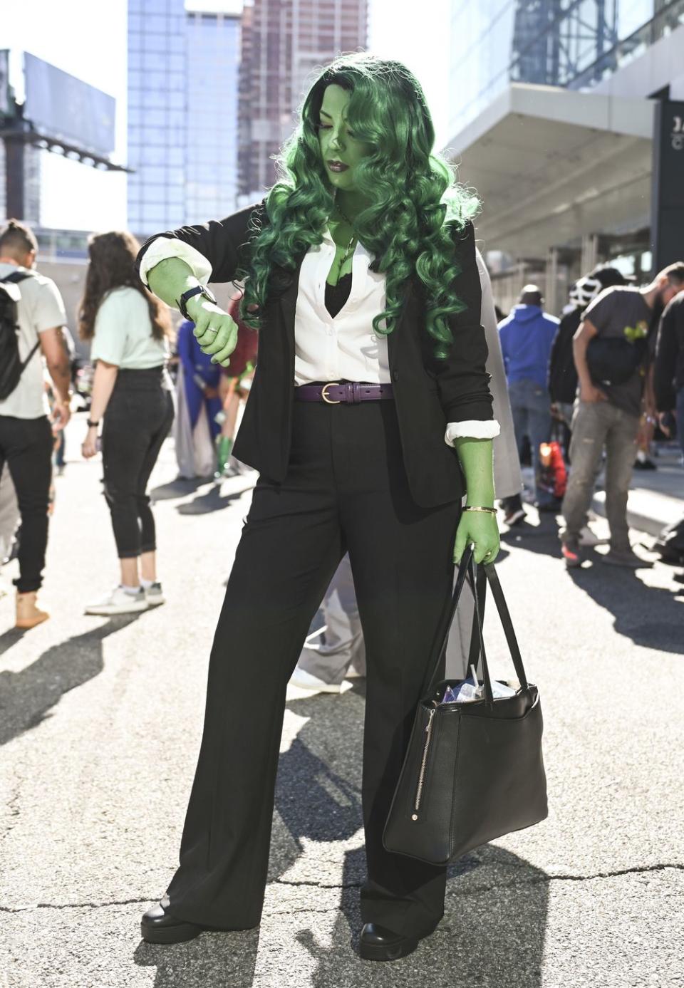 <p>If you have a business suit in your closet, you're already halfway to becoming Jennifer Walters. All you need is some green makeup and a green wig and you're golden (or... green, as the case may be). </p>