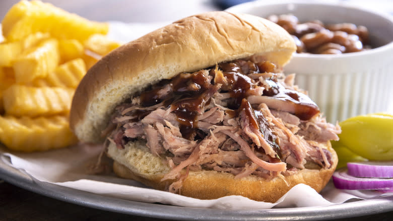 Pulled pork sandwich and fries