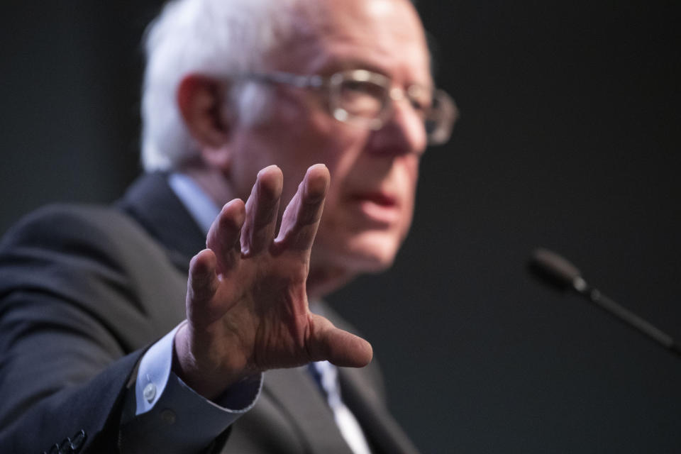 Democratic presidential candidate Sen. Bernie Sanders, I-Vt., gestures as he speaks during the Politics & Eggs at Saint Anselm College, New Hampshire Institute of Politics, Friday, Feb. 7, 2020, in Manchester, N.H. (AP Photo/Mary Altaffer)