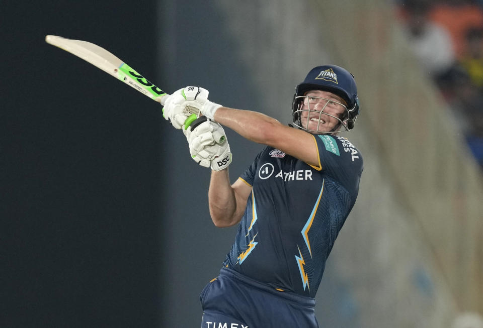 Gujarat Titan's David Miller plays a shot during Indian Premier League (IPL) cricket match between Mumbai Indians and Gujarat Titans, in Ahmedabad, India, Tuesday, April 25, 2023.(AP Photo/Ajit Solanki)